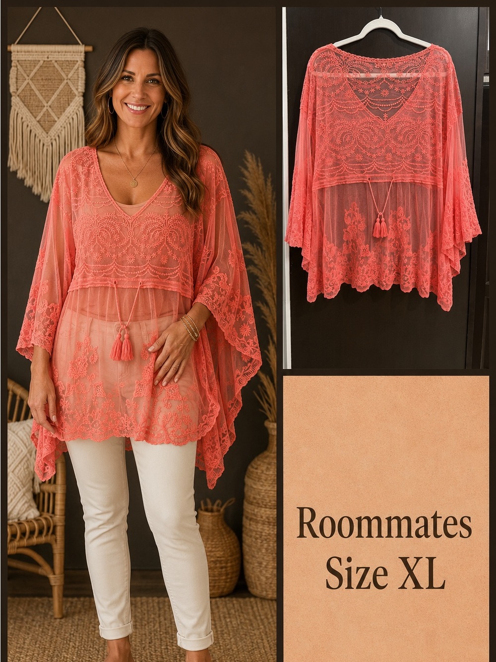 Roommates Coral Lace Overlay Tunic with Tassel Drawstring